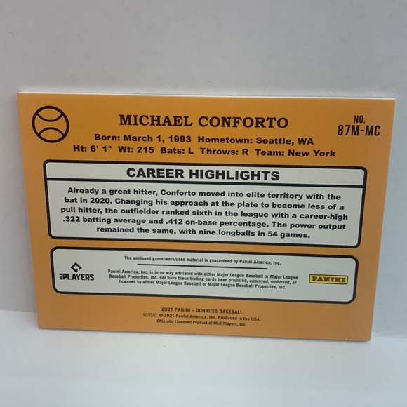 2021 Donruss Michael Conforto Mets Relic Game Worn Jersey Patch # 87M-MC (MISC7) - Picture 2 of 2